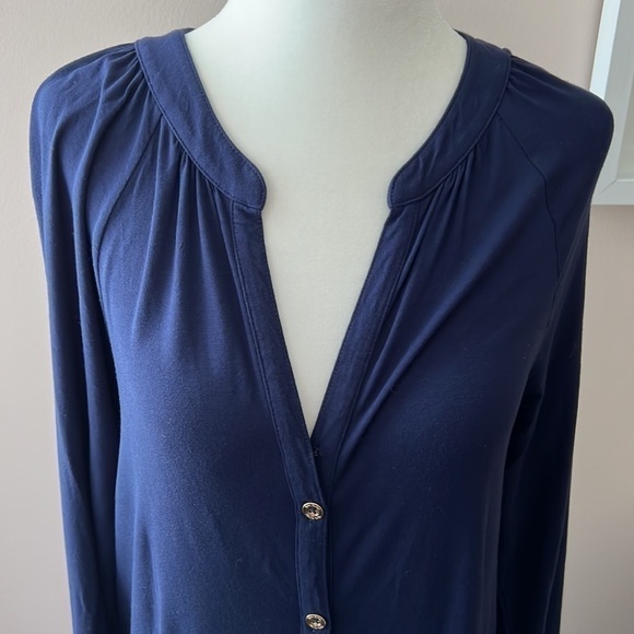 𝅺LILY Pulitzer l Bailor True Navy Button Front V-Neck Roll Tab Sleeve Dress - Picture 2 of 6